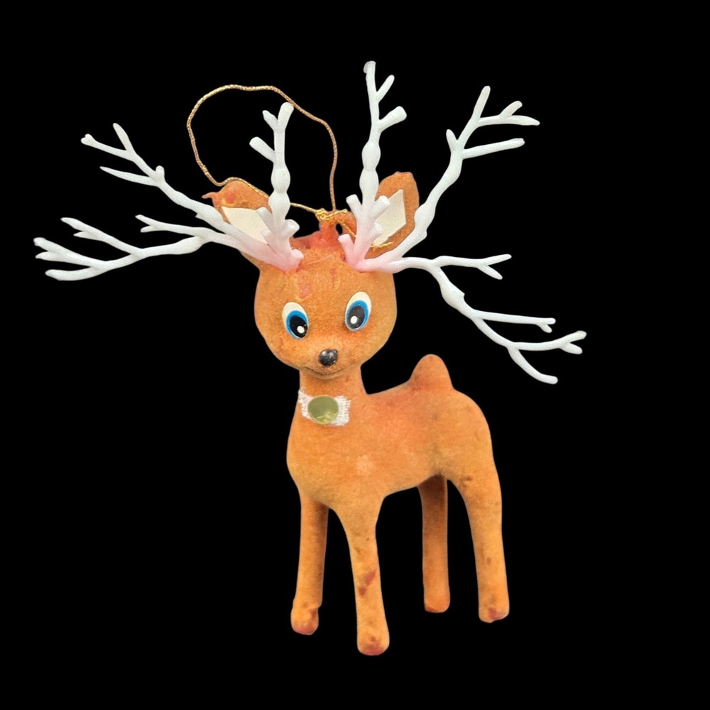 Vtg 60s Flocked Blow Mold Reindeer Ornament Rare White Antlers MCM Kitsch 5"